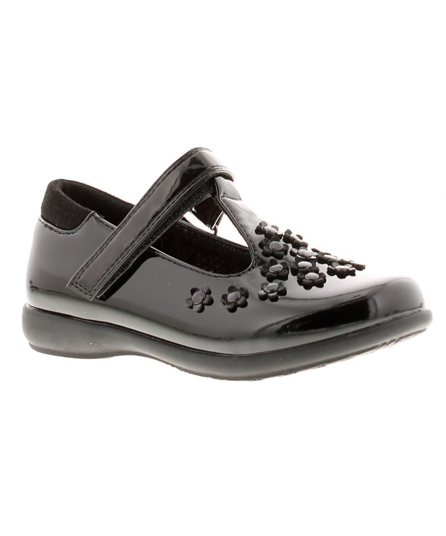 Princess Stardust Petal Younger Girls School Shoes Black. Manmade Upper. Fabric Lining. Synthetic Sole. Younger Girls Patent Pu T Bar Touch Fastening Shoe.