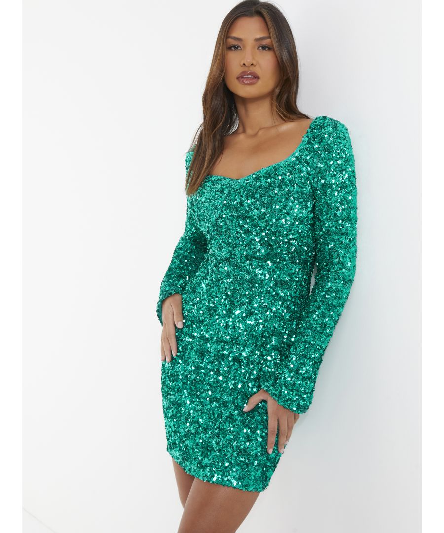 Quiz Womens Jade Green Sequin Flute Sleeve Mini Dress - Size 12 UK