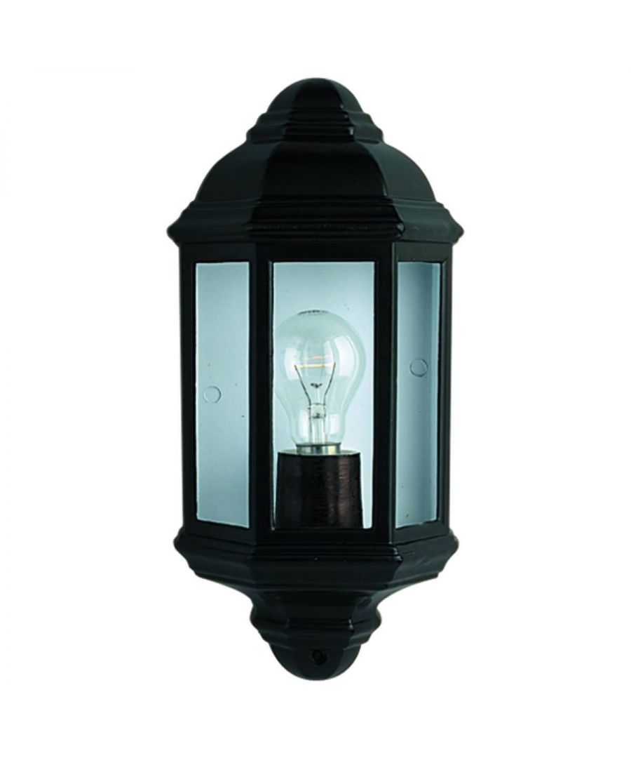 This Black Cast Aluminium Outdoor Flush Light with Clear Glass is a classic outdoor lamp with a sturdy finish. The black cast aluminium half wall bracket is alchromated for longevity, and the fitting is IP44 rated and fully splash proof to protect it against the elements. The design is simple, traditional and attractive. | Finish: Black | IP Rating: IP44 | Height (cm): 36 | Width (cm): 17 | Projection (cm): 9.6 | No. of Lights: 1 | Lamp Type: E27 | Bulb: GLS | Wattage (max): 60 | Weight (kg): 0.9 | Class: 1 (Earthed) | Bulb Included: No