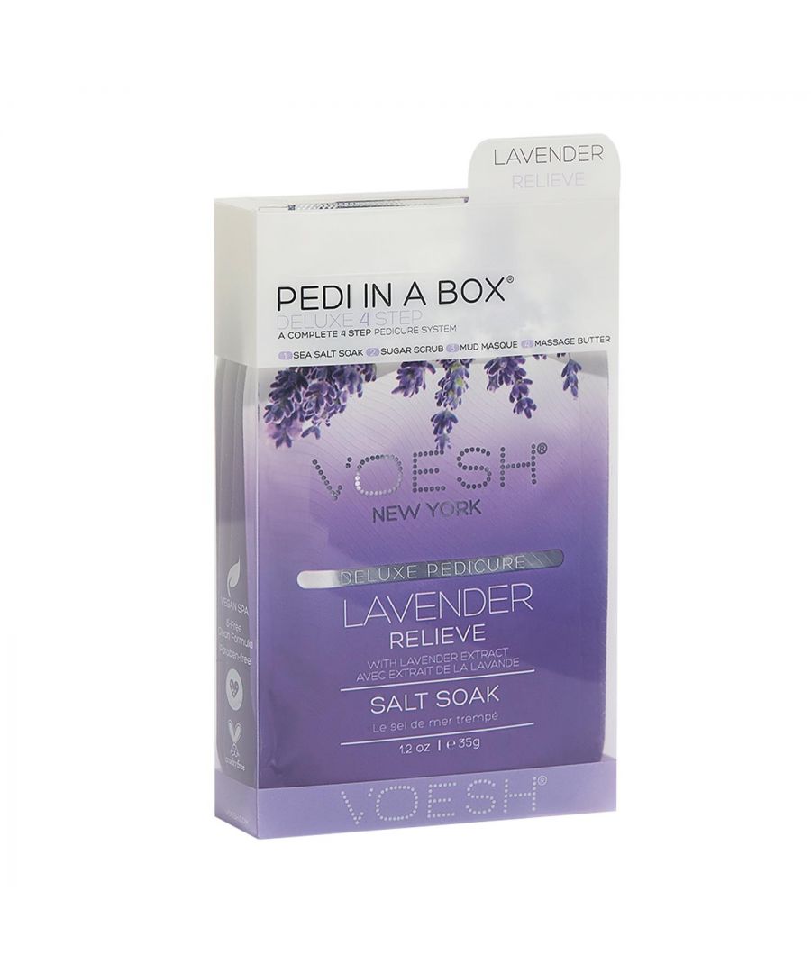 Voesh Lavender Relieve Deluxe 4 Step Pedicure In A Box with Lavender Extract.  The Cleanest And Most Hygienic Spa Pedicure Solution. Enriched With Key Ingredients To Give Your Feet The Nutrition It Needs. Each Product Is Individually Packed With The Right Amount For A Single Pedicure.\n\nThe Perfect Pedi For:\nDIY At-Home Pedicure\nDate Night\nBachelorette Parties\nGirls’ Night In\n\nThe kit contains:\nSea Salt Soak: This soak helps relieve tension, stiffness, minor aches and discomfort in your feet. It helps detox and deodorize the feet.\nSugar Scrub: The scrub gently exfoliates dead skin cells and helps soften your feet. Perfect for use on the soles on your feet.\nMud Masque: The masque removes deep-seated impurities in your skin leaving your feet feeling clean and revived.\nMassage Cream: The massage cream hydrates and soothes skin. It softens the soles of your feet and helps prevent dryness and roughness.\n\n4 Step Includes\nSea Salt Soak 35g: to detox & deodorize the feet.\nSugar Scrub 35g: to gently exfoliate dead skin.\nMud Masque 35g: to deep cleanse impurities.\nMassage Butter 35g: to hydrate and soothe skin.