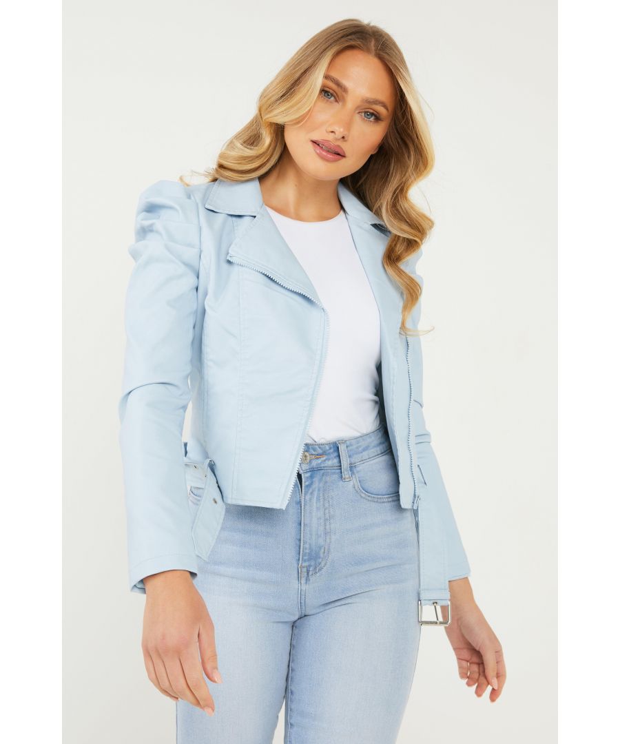 Image for Blue Faux Leather Puff Sleeve Jacket