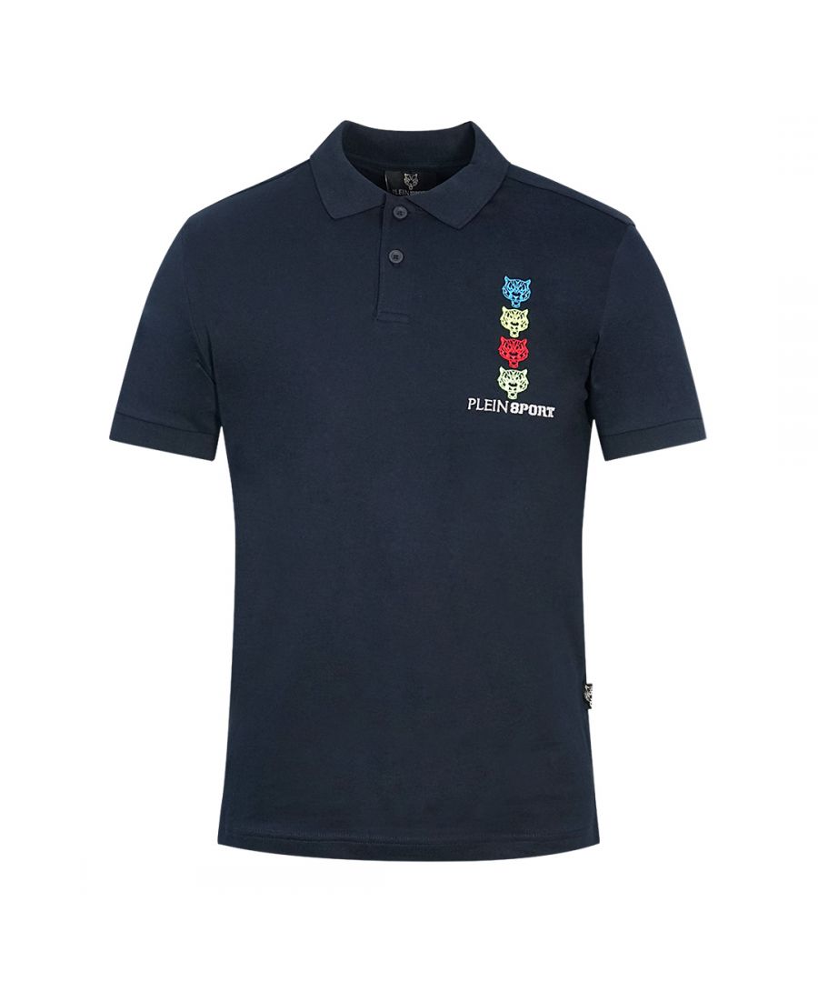 Plein Sport Tiger Head Logo marineblauw poloshirt. Philipp Plein sport blauw poloshirt. Stretch pasvorm 95% katoen, 5% elastaan. Knoopsluiting. Badges met Plein-merk. Stijlcode: PIPS1217 85