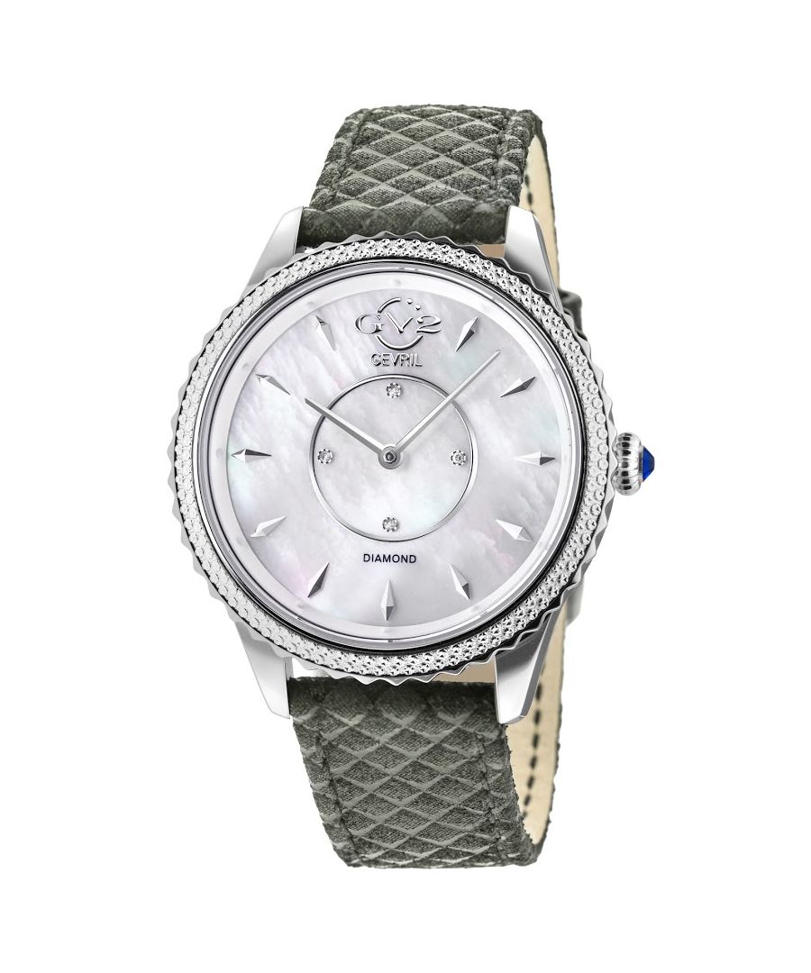 With its classic design and proportions, the versatile GV2 Siena is the perfect way to accessorize just about any outfit.    The stunning 38 mm ladies GV2 Siena watch possesses a timeless beauty that will always be in style. This classically proportioned two-hand configuration features elegant pencil hands, raised metallic bar indices, and 4 Single Cut diamonds in the center of the dial.    A glittering diamond cut bezel surrounds the tastefully minimal dial and a fluted crown capped with a precious blue cabochon completes the inspired design. This spectacular timepiece is available in exclusive stainless steel, IP Rose Gold, and IP Yellow Gold and IP Bk editions.\nGV2 11700-424.E Women's Siena Genuine Diamond Watch\nGV2 Women's Swiss Watch from the Siena Collection\n38mm Round Silver case with push pull fluted crown\nWhite MOP dial with 4 Single Cut Diamonds\nGenuine Textured Green Suede Hand Made Italian Straps with Tang Buckle\nAnti-reflective Sapphire Crystal\nWater Resistant to 30 Meters/3ATM\nSwiss Quartz Movement Ronda 762