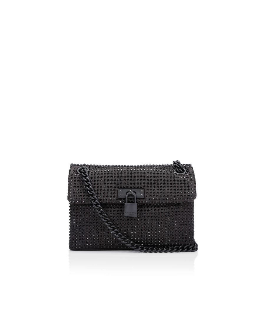 The KGL Mini Brixton Lock Bag is crafted in a black satin that is embellished with black crystals. The black metal branded padlock sits on the flap. 14cm (H), 20cm (L), 6cm (D). Strap drop cross body: 120cm. Strap drop shoulder: 70cm.