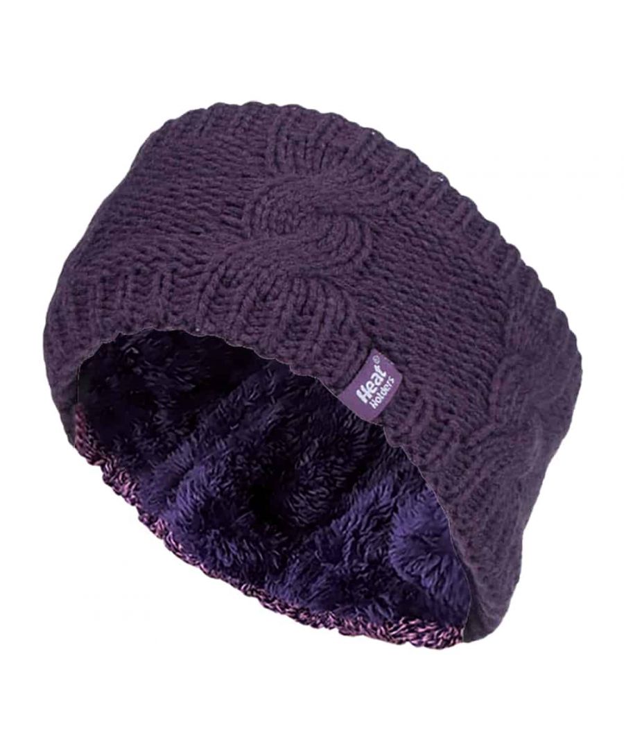 Heat Holders Ladies Headband  With Heat Holders, you know that warmth is a guarantee. That's why Heat Holders have now developed a ladies winter. This way you can keep your ears and head warm without compromise on your hair-do. Headbands are a great alternative to regular beanie hats as with a Heat Holders headband you are given the freedom to wear your hair however you want, whether in a bun or ponytail.  These Heat Holders headbands are made with Heat Holders specially developed high performance thermal yarn, which provides insulation against cold with superior moisture breathing abilities. The inside of these headbands are made from Heat Holders plush fur-like fleece lining - Heat Weaver. This insulation layer maximises the amount of warm air held close to the skin. Keeping you warmer, for longer.  These ladies headbands are stylish and warm, the outer being a classic chunky cable knit design, making it fit in with any winter fashion.  They are available in one size and in 2 colours; black and purple. They are made of an outer of 100% Acrylic and lining of 100% Polyester.  Extra Product Details  - Headband - Cable Knit - Heatweaver Lining  - Advanced insulating yarn - 2 colours - One Size - Stylish and classic - Outer - 100% Acrylic  - Lining - 100% Polyester