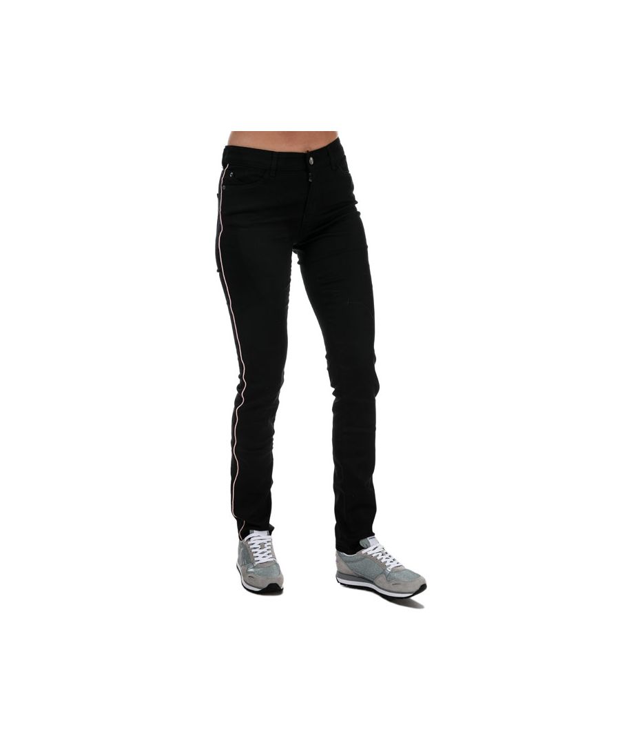 Womens Emporio Armani J18 Slim Fit Jeans in black.<BR><BR>- 5-pocket construction. <BR>- Zip fly and button fastening.<BR>- Branded leather patch at rear waist  metal eagle at rear pocket.<BR>- Slim fit.<BR>- 63% Lyocell  30% Cotton  5% Polyester  2% Elastane.<BR>- Ref: 3G2J18D4BZ0005
