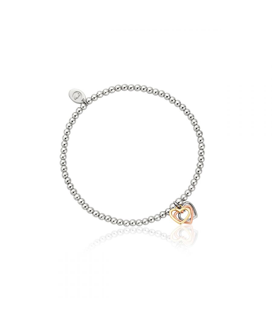 Three hearts are beautifully combined in stunning sterling silver and rare 9ct yellow and rose Welsh gold delicately attached to this stylish bead bracelet. The Triple Heart Affinity bead bracelet provides an endearing piece of versatile jewellery that can be worn with other Affinity stretch bracelets or just as stylish on its own. A beautiful piece of jewellery to wear or gift to that special someone. Bracelet available in two sizes.