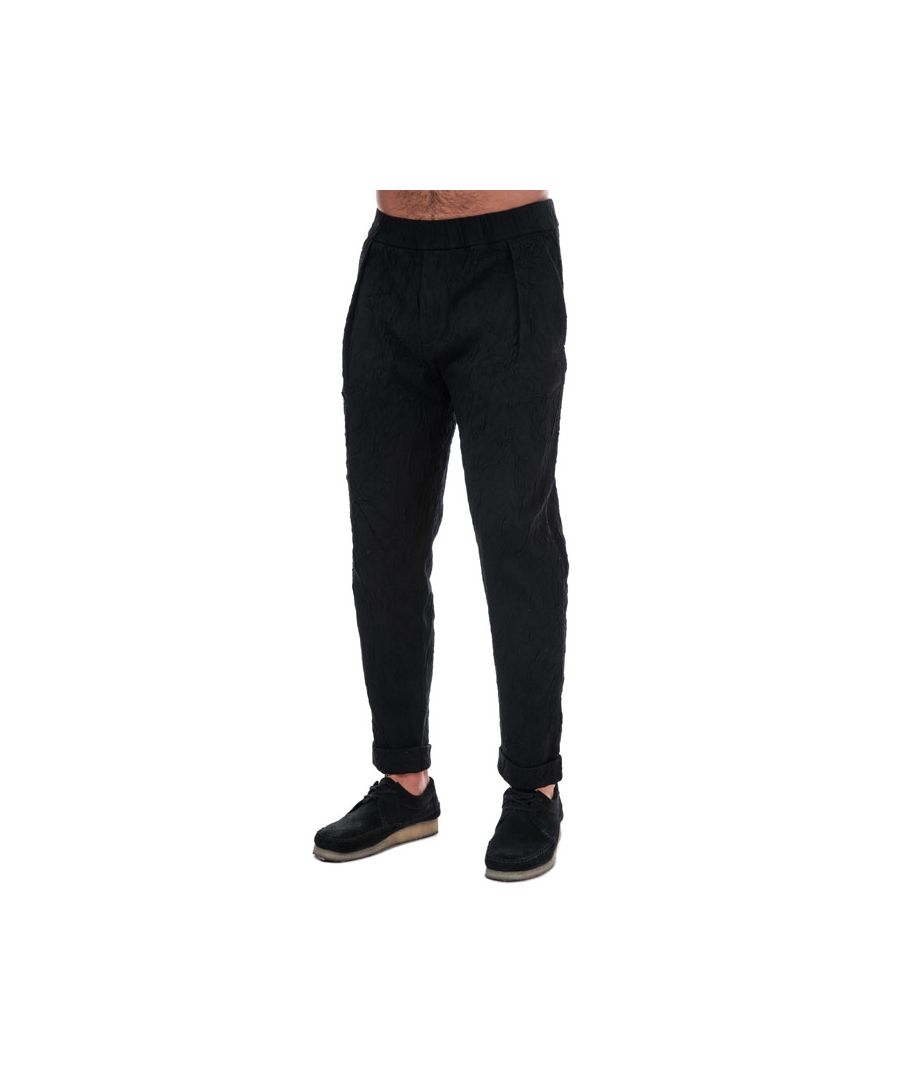 Mens Armani Travel Trousers  Black.<BR><BR>- Elasticated waist.<BR>- Low crotch.<BR>- Creased detailing. <BR>- Front and back pockets.<BR>- Lightweight feel<BR>- Tapped leg design.<BR>- Role up cuffs<BR>- 95% Cotton  4% Polyester  1% Elastane  Machine washable.<BR>- 3Y1P58 1J8QZ 0999