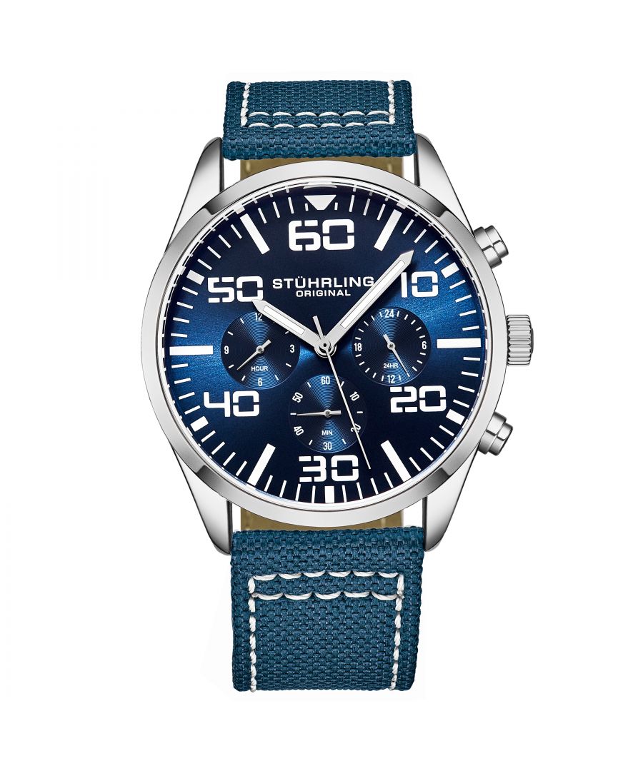 Men's Chrono Silver Case, Silver Bezel, Blue Dial, Silver Hands, White Markers, Dark Blue Canvas with White Contrast Stitching Strap Watch