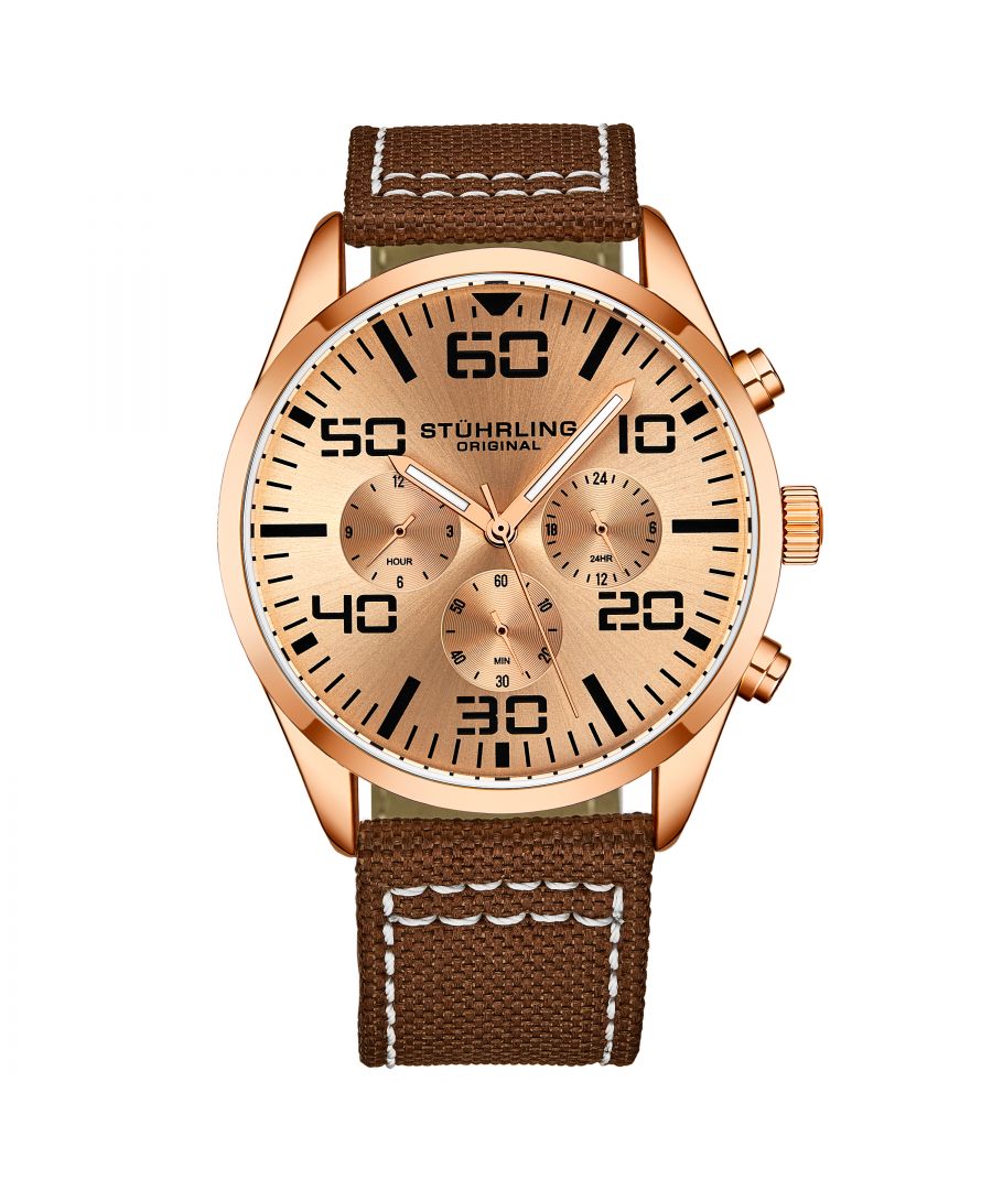 Men's Chrono Rose/Gold Toned Case, Rose/Gold Toned Bezel, Cream Dial, Rose/Gold Toned Hands, Black Markers, Brown Canvas with White Contrast Stitching Strap Watch