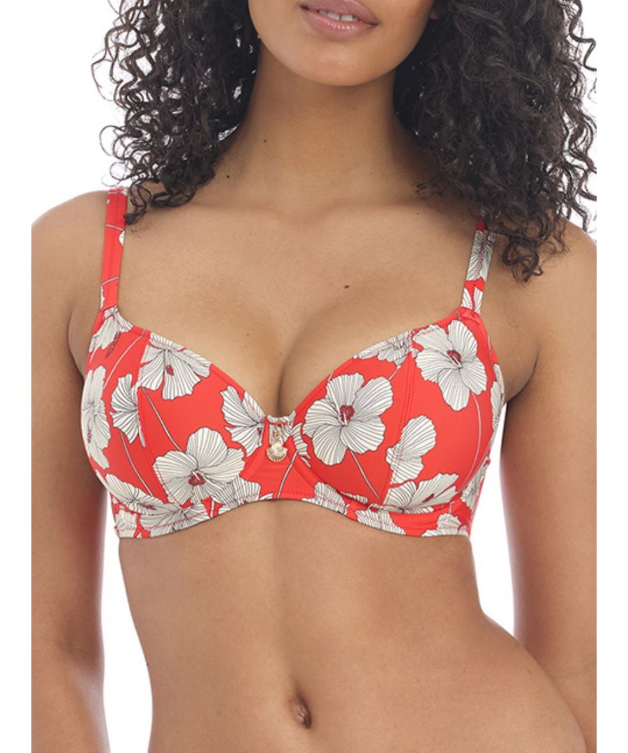 Freya Womens Hibiscus Beach Plunge Bikini Top - Red Nylon - Size 30D