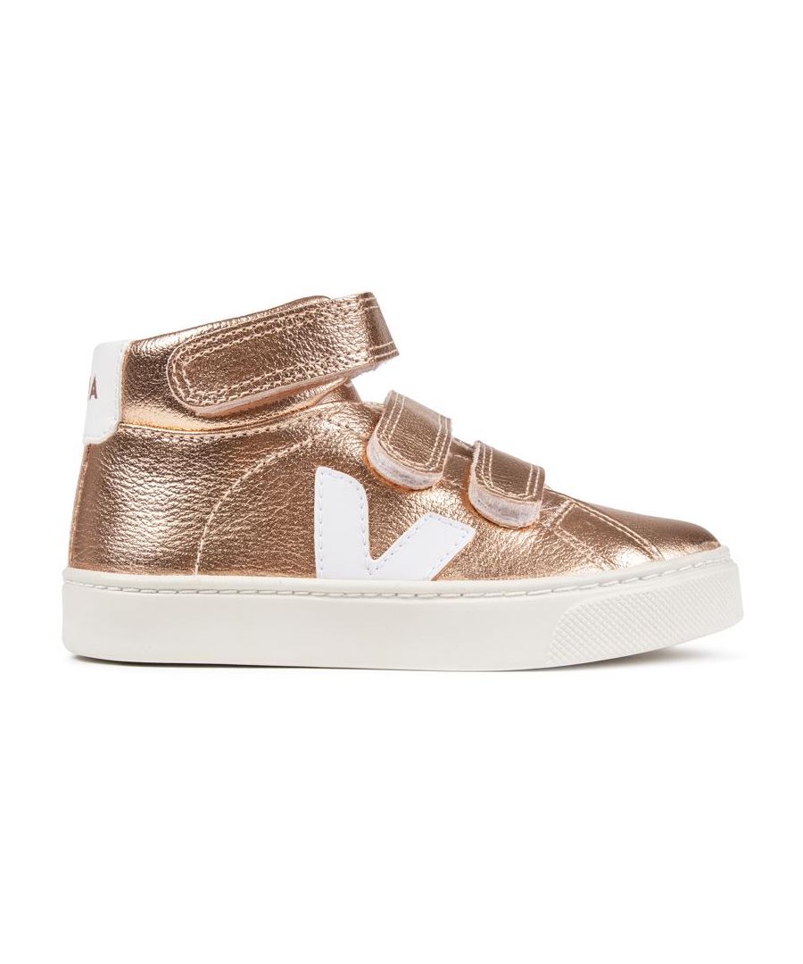 Infants Metallic Bronze Veja Espar Mid Leather Trainers With Triple Easy Hook And Loop Fastening, And Iconic Logo In White On Side And Heel Pad. These Mini Versions Of The Adult Espar Have A Padded Textile Lining And Off-white Rubber Sole.