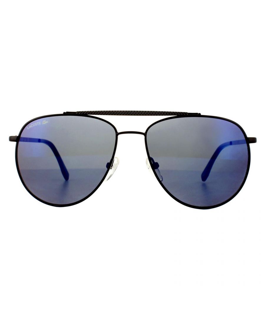 Lacoste Sunglasses L177S 001 Black Grey are a classy pilot style with textured temples and matching brow bar for a luxurious chic finish. The Lacoste lettered logo at the temples completes these cool aviator Lacoste shades.