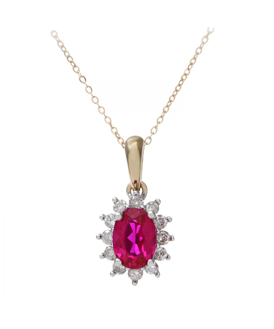 Image for Round Brilliant 0.25ct Ruby and Diamond 9ct Yellow Gold Oval Cluster Pendant with Chain of 46 cm