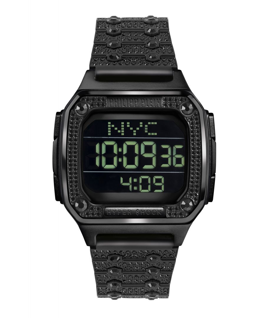 This Philipp Plein Hyper $hock Digital Watch for Women is the perfect timepiece to wear or to gift. It's Black  Rectangular case combined with the comfortable Black Stainless steel watch band will ensure you enjoy this stunning timepiece without any compromise. Operated by a high quality Quartz movement and water resistant to 5 bars, your watch will keep ticking. This casual and modern watch is perfect for all kind of casual activities, indoor activities or daily use, it's also a great gift for family and friend.  -The watch has a calendar function: Day-Date, Stop Watch, Timer, Alarm, Light High quality 19 cm length and 22 mm width Black Stainless steel strap with a Fold over with push button clasp Case Measurement: 40x44 mm,case thickness: 12 mm, case colour: Black and dial colour: Black