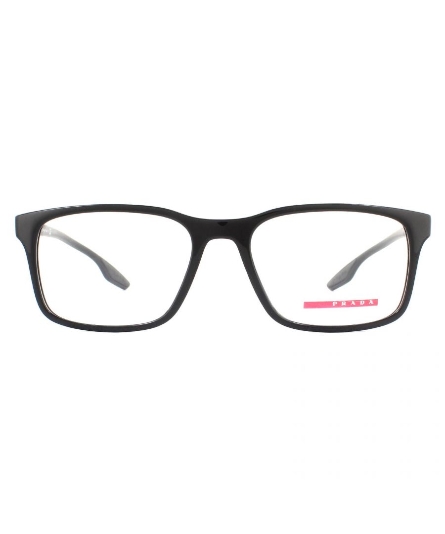 Prada Sport Eyeglasses PS01LV 1AB1O1 Black are a super lightweight rectangular style frame with the iconic red stripe Prada Sport logo on the temples.