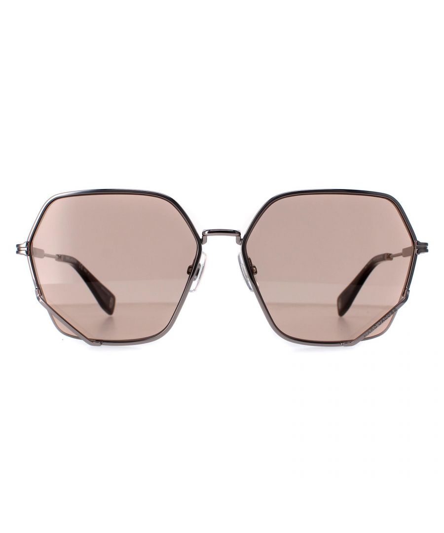 Marc Jacobs Square Womens Ruthenium Grey Brown MJ 1005/S  Sunglasses feature a lightweight and durable metal frame that provides a comfortable and secure fit.  Adjustable nose pads and plastic temple tips provide a comfortable and customized fit.  The temples are adorned with the iconic Marc Jacobs logo, adding a touch of elegance and sophistication to the overall look.