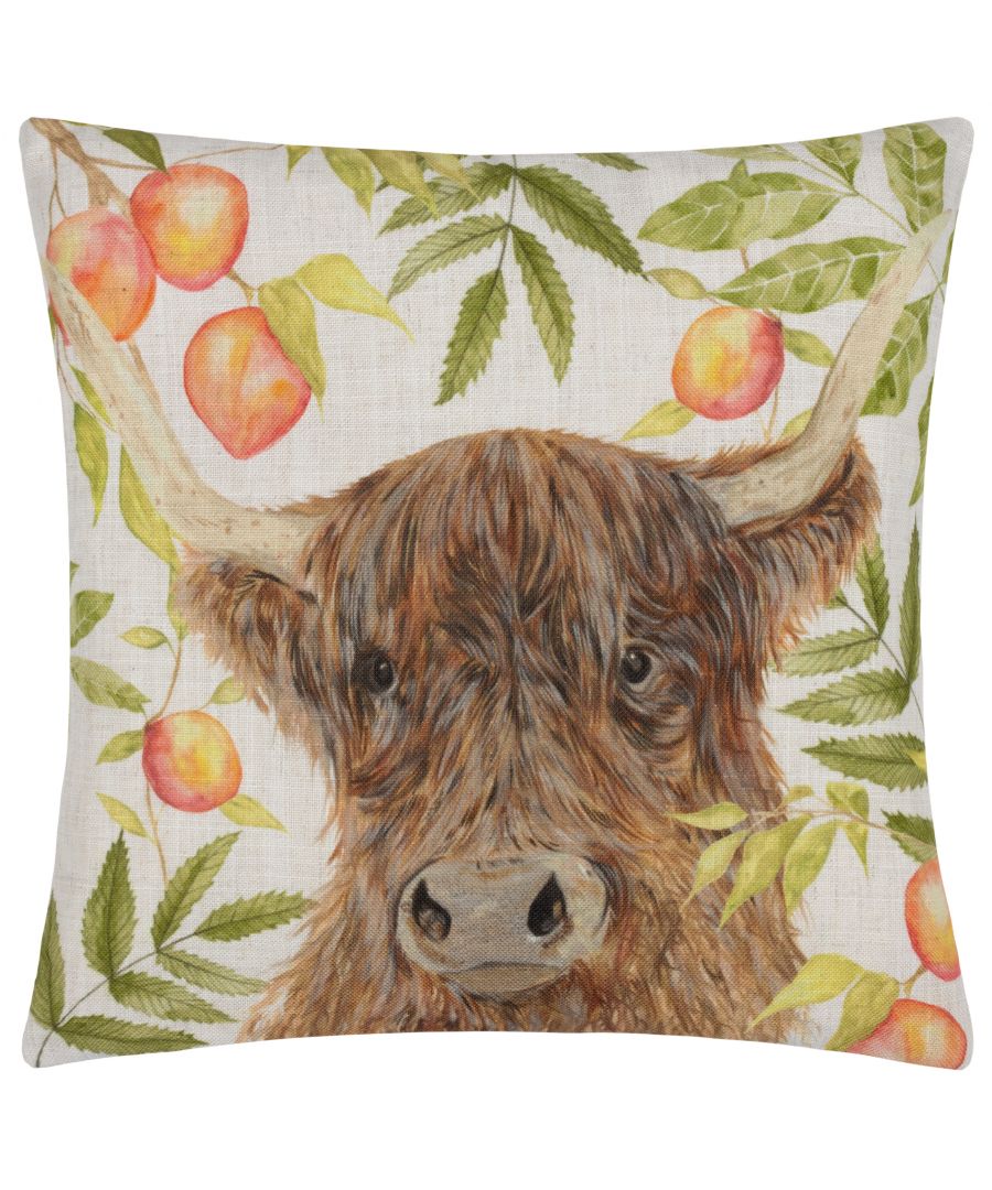 A delightful, slightly quirky cushion which features a wide-eyed Highland Cow, who has strayed into the nearby orchard to eat the tempting, refreshing fruit that grows there. Set on a lovely fresh, natural background and printed on soft polylinen fabric. A beautifully designed cushion which adds a charming, natural touch to you home.