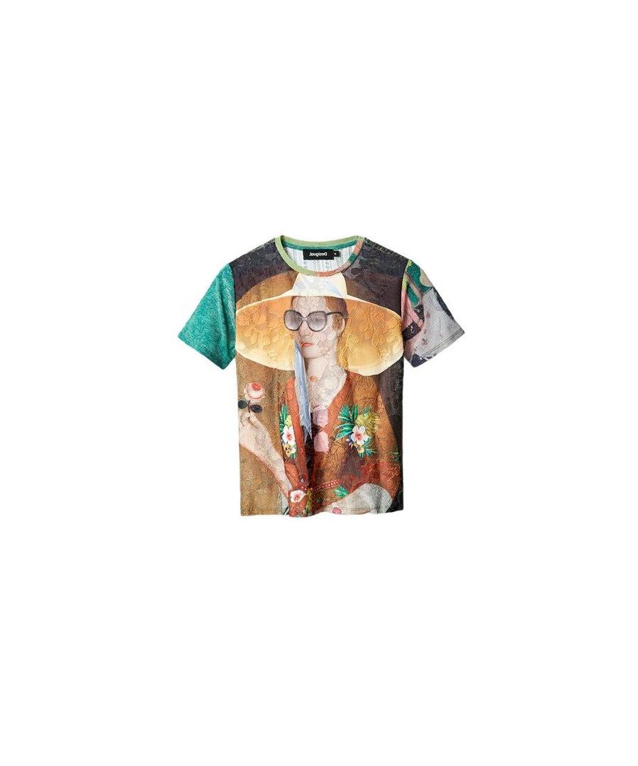 Brand: Desigual\nGender: Women\nType: T-shirts\nSeason: Spring/Summer\n\nPRODUCT DETAIL\n• Color: green\n• Pattern: coloured\n• Sleeves: short\n• Neckline: round neck\n\nCOMPOSITION AND MATERIAL\n• Composition: -9% lycra -91% polyester \n•  Washing: machine wash at 30°