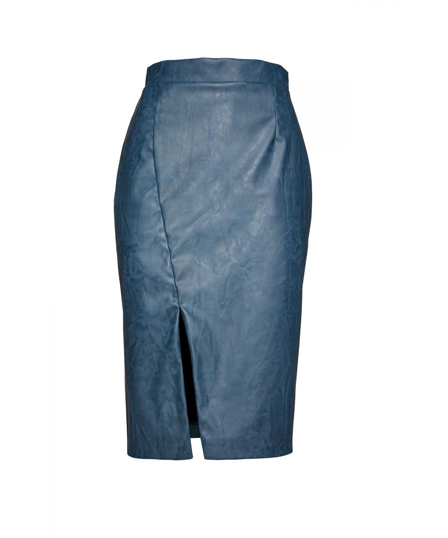 Indigo pencil skirt in woven faux moiré leather fabric. Waistband 4cm. Slit at the front which starts slightly off-centre to the right moving downwards and ending centrally. Concealed zip fastening in the back, tone on tone. Lined.  Hits just below the knee.