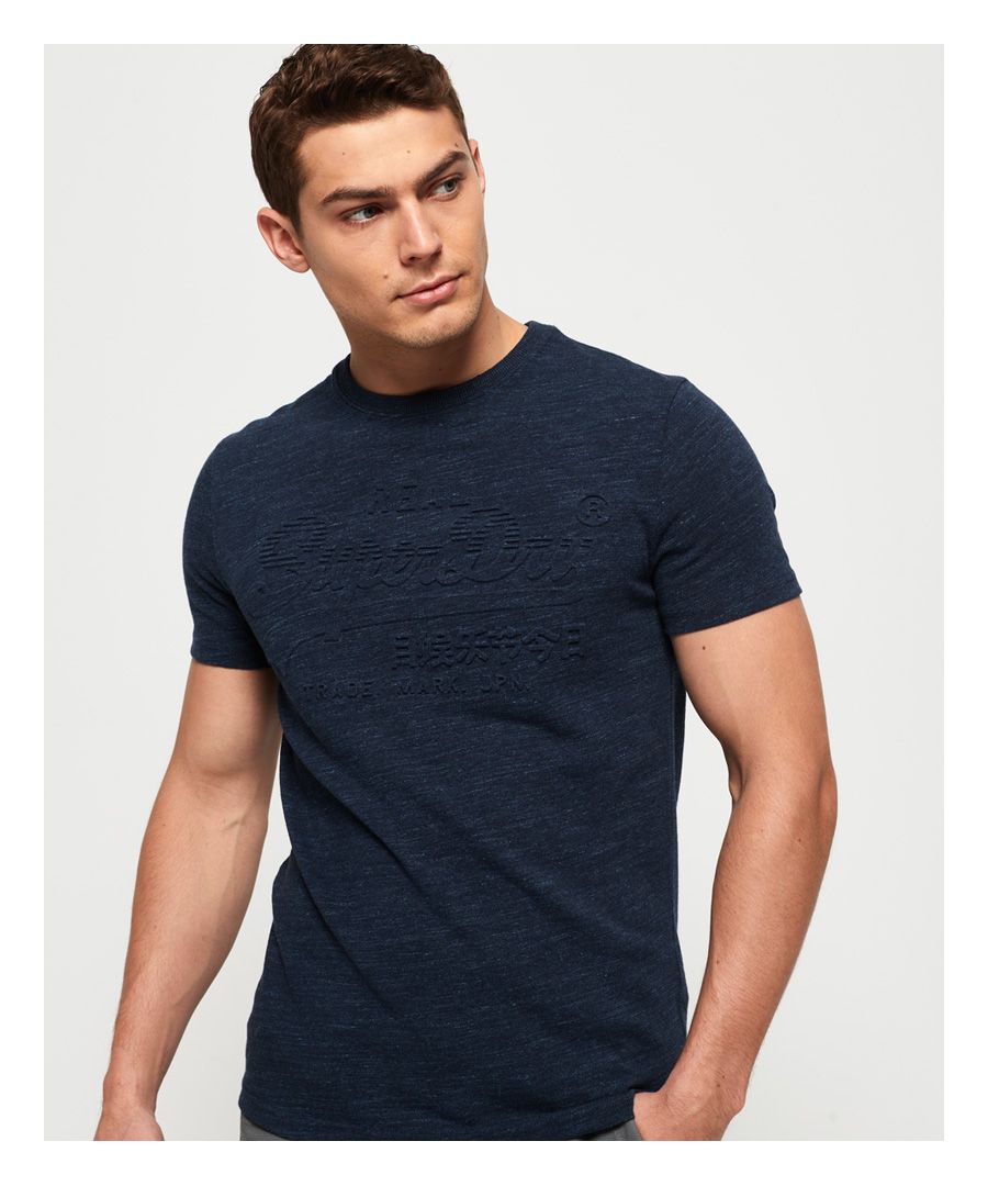 Superdry men's Vintage Logo embossed t-shirt. This classic t-shirt features a crew neck, short sleeves and embossed logo design on the front. A logo patch on the right sleeve provides the finishing touch.