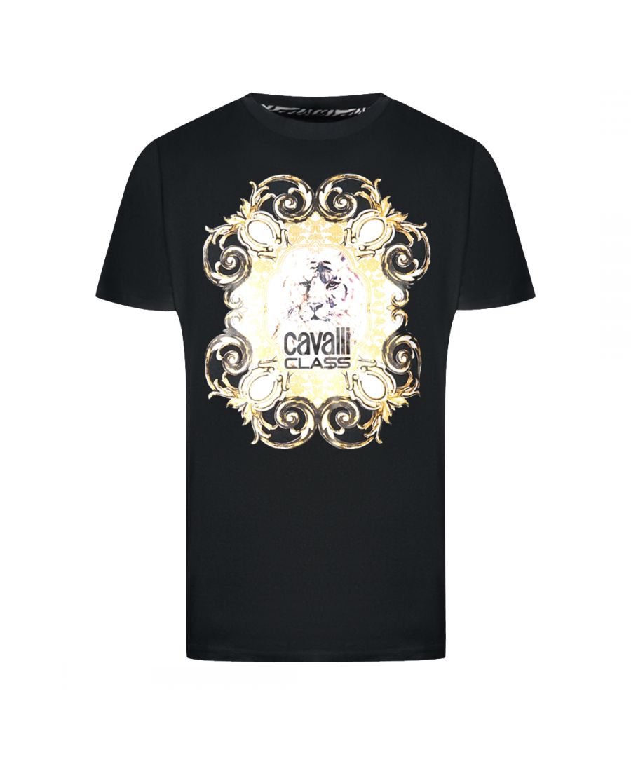 Cavalli Class Bold Tiger Emblem Design Black T-Shirt. This Cavalli class Leopard Logo Print black T-Shirt is perfect for making a statement. Crafted from 100% Cotton, this short-sleeved tee features a bold tiger design and Cavalli Class logo. A classic crew neck and regular fit provides comfort and style, and fits true to size every time.. Crew Neck, Short Sleeves, Cavalli Class Black Tee. 100% Cotton, Bold Tiger Design. Regular Fit, Fits True To Size. Style Code: QXT61S JD060 05051