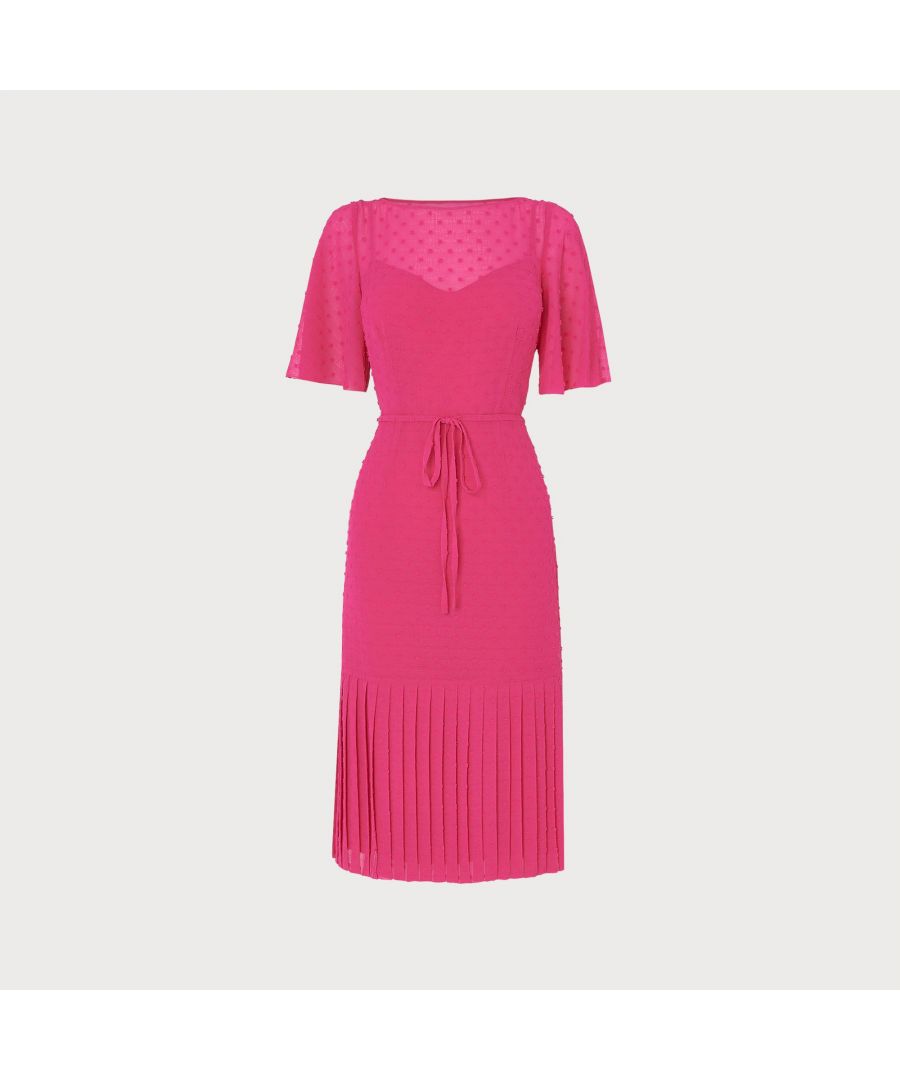A real mood-lifter in shocking pink, our Boe dress is the perfect style for the spring/summer months. Feminine, fun and easy-to-wear, this self-spot design has a wide neck, cape-like short sleeves, a skinny tie-front belt and a below-the-knee skirt with a pretty pleated hem. Wear it with contrast colour heels for smart days and summer events.