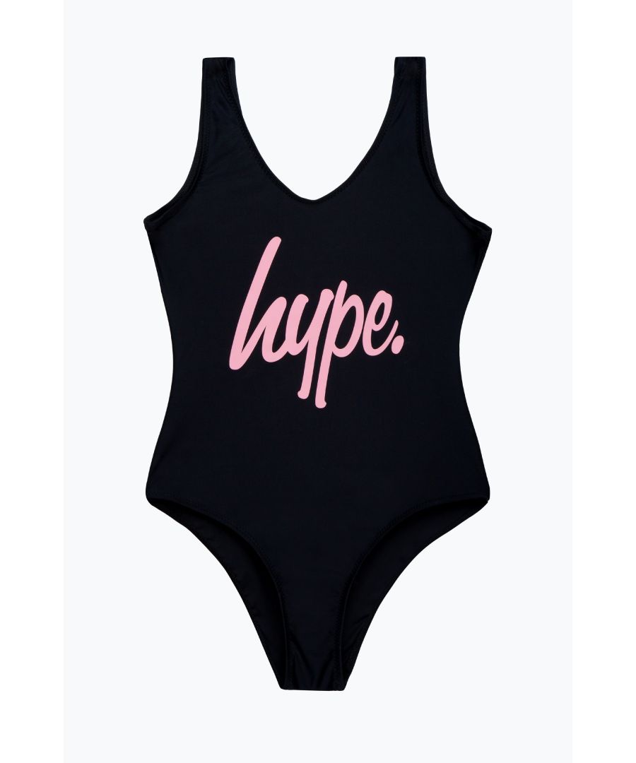 Swim is in. Meet the ultimate girls swimwear you'll want to wear everyday of summer, the HYPE. Black Script Swimsuit. In our standard swimsuit shape, the design features the iconic HYPE. script logo in a contrasting pink against a black base colour. Wear with the matching sliders, pair of sunnies and you're ready for the pool. Machine wash at 30 degrees.