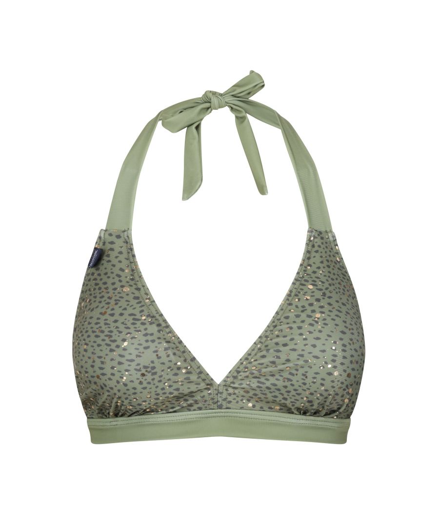 Material: Elastane, Polyamide, Polyester. Fabric: Soft Touch, Stretch. 109gsm. Design: Abstract, Logo. Neckline: Halter Neck, Tie Neck. Fastening: Hook and Loop. Bra Style: Full Cup. Sustainability: Made from Recycled Materials.