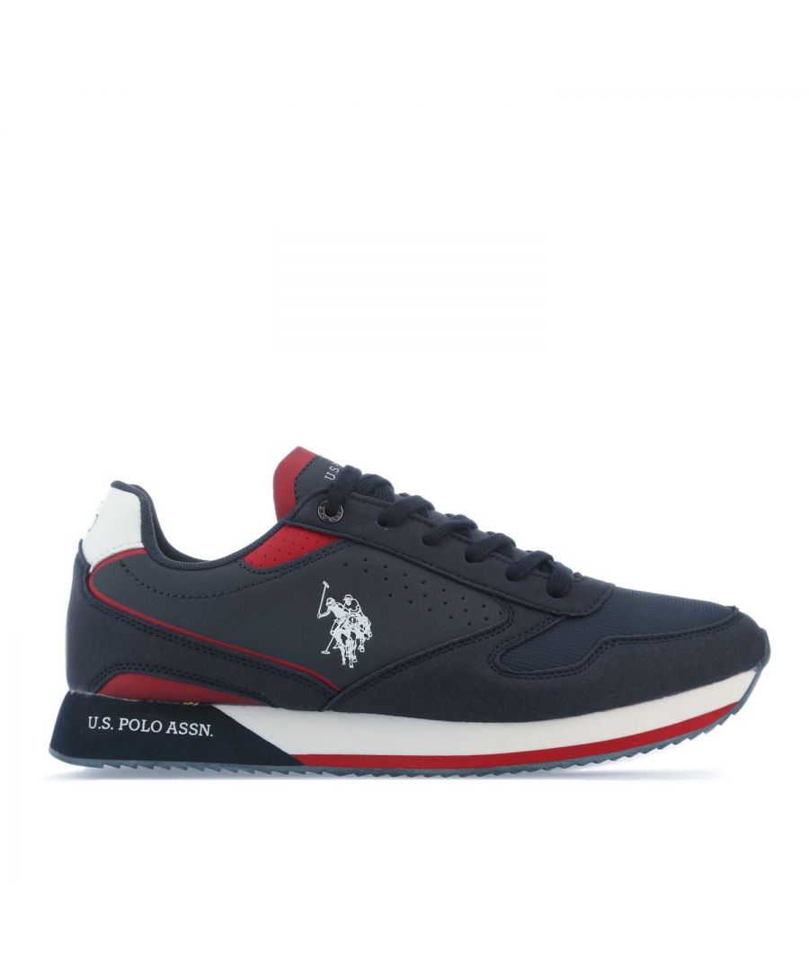 Mens US Polo Assn Nobil Nylon Suede Trainers in navy.- Mesh upper.- Lace fastening.- Rounded cap.- Brand logo.- Suede effect.- Coated fabric.- Two-tone.- Rubber cleated sole.- Textile upper  Textile lining  Synthetic sole.- Ref: NOBIL003MRED