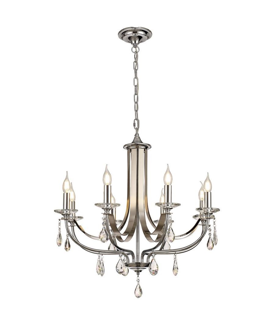 Ceiling Pendant 8 Light E14 Polished Chrome, Satin Nickel, Clear Crystal | Finish: Satin Nickel, Polished Chrome | IP Rating: IP20 | Min Height (cm): 85 | Max Height (cm): 202 | Diameter (cm): 72 | No. of Lights: 8 | Lamp Type: E14 | Dimmable: Yes - Dimmable Lamps Required | Wattage (max): 60W | Weight (kg): 7.15kg | Bulb Included: No