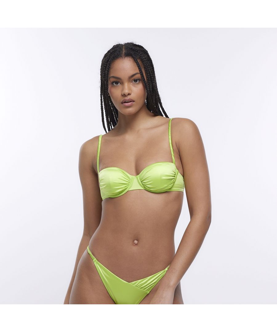 River Island Womens Balconette Bikini Top Green Ruched Nylon - Size 10 Uk