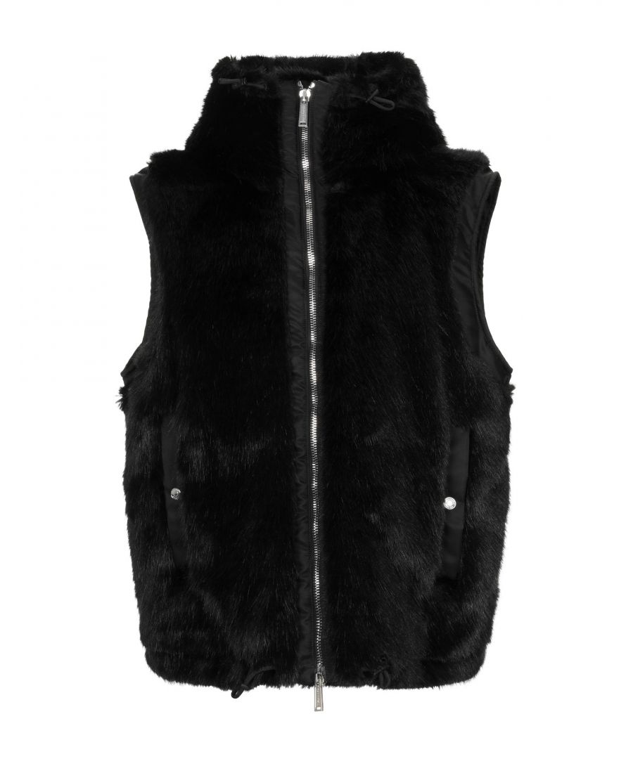 synthetic fibre, hair plush fabric, no appliqués, basic solid colour, single-breasted , zipper closure, turtleneck, multipockets, sleeveless, padded inner, single-breasted jacket