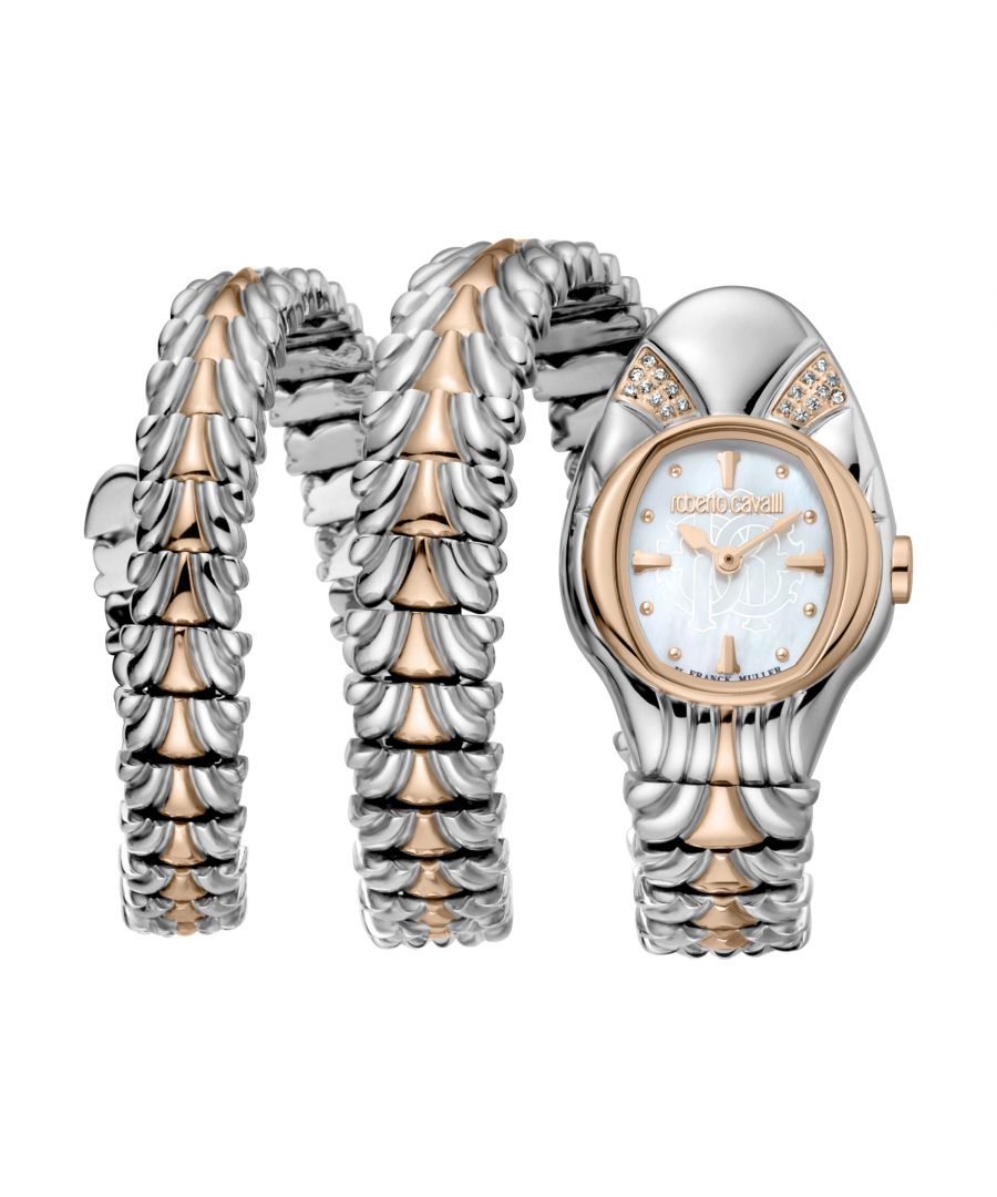 Roberto Cavalli Ladies White  MOP / etching monogram Dial Stainless Steel/Rose Gold double wrap Watch0