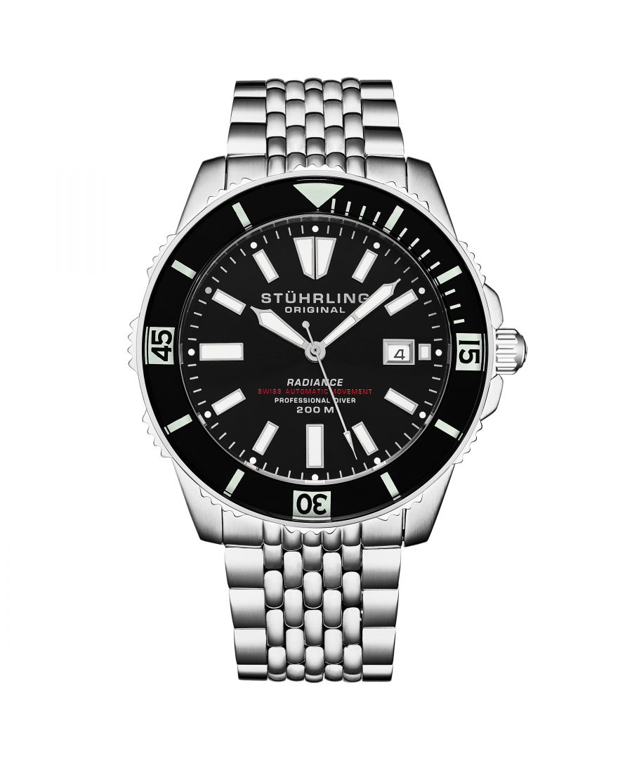 Men's Automatic Dive Watch with Swiss Movement, Silver Stainless Steel Case, Black Dial, Stainless Steel beaded bracelet