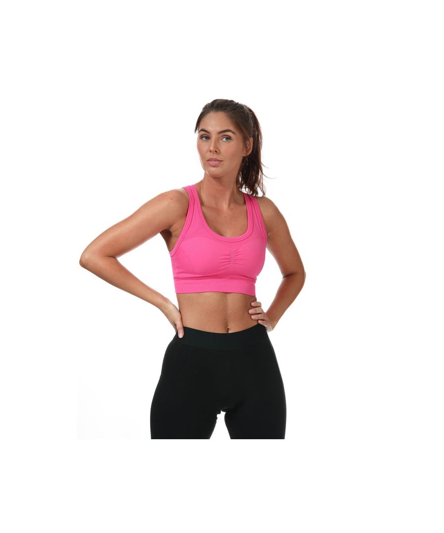 Womens adidas Studio Bra in pink.- Pullover design with round neck.- Seamless.- Removable pads.- Racerback with keyhole detail.- Sculpted feel.- Compression fit.- Main Material: 86% Polyamide(Recycled)  14% Elastane. Inner Lining: 90% Polyamide (Recycled)  10% Elastane.  Machine washable.- Ref: GQ3848