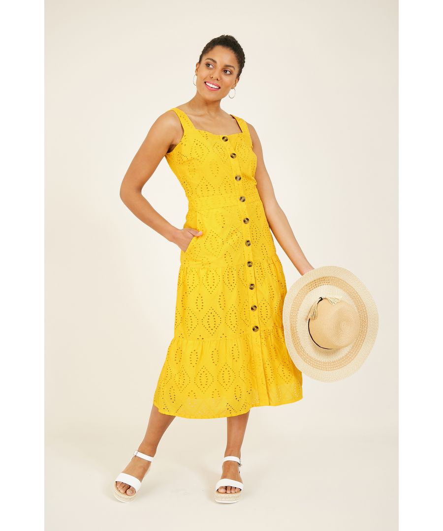 The brighter the better: stand out in this Yumi Yellow Button Up Gypsy Dress. Featuring an eyecatching broderie pattern, button through detailing and a bohemian style gypsy skirt, this supersoft cotton dress is a stylish fusion of old and new. Pair with espadrilles or simple white trainers to complete the look.  Shell:100% Cotton, Lining:100% Cotton Machine Wash At 30 Length is 102cm-40.1inches