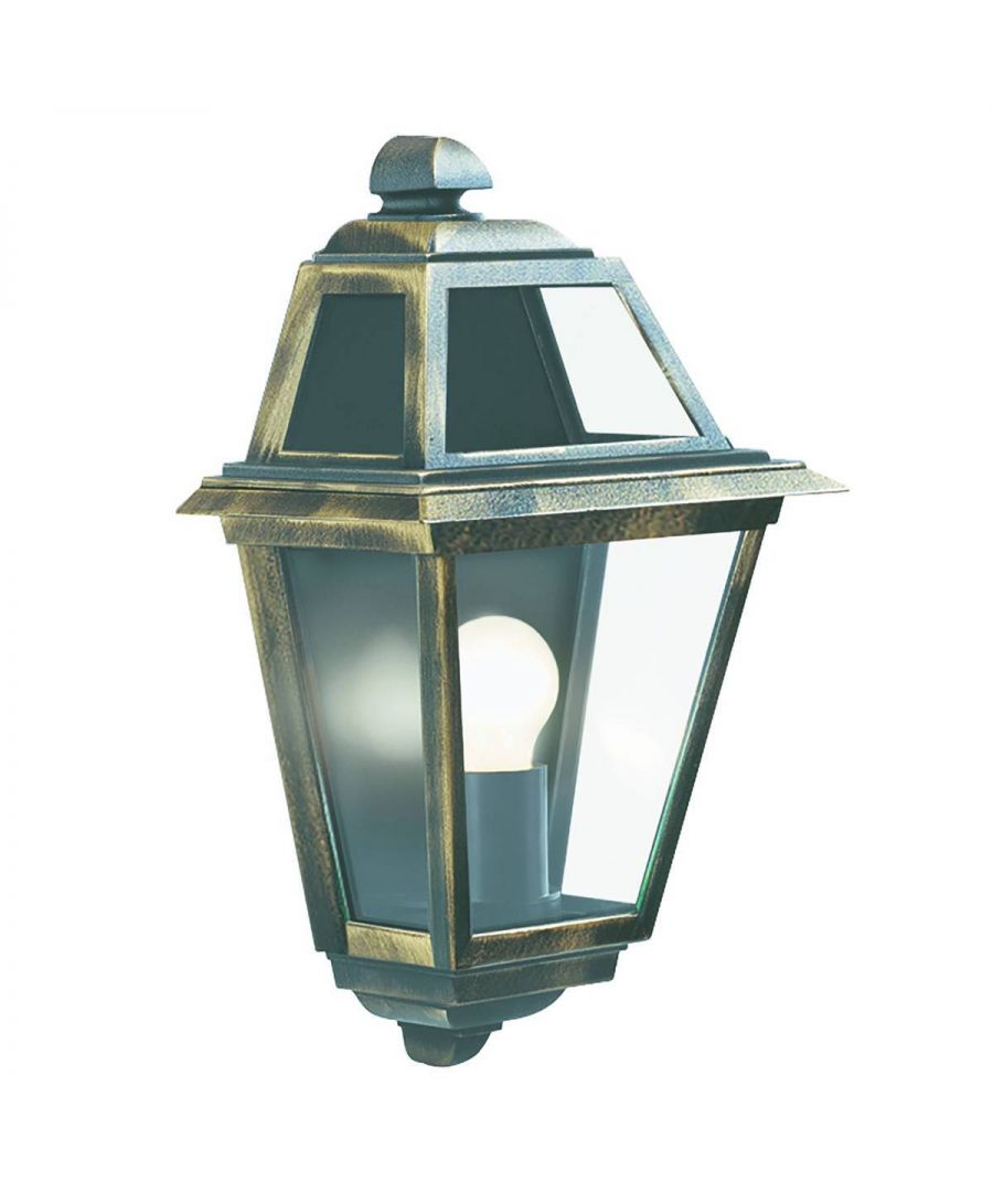 This Black/Gold Outdoor Wall Light with Clear Glass brings a look of The Big Easy to your home. The traditionally designed wall fitting has an ornate cast aluminium lamp that fits flush against the wall, with clear glass and an upward facing lamp to light your outdoor walls. And it is IP44 rated and fully splash proof to protect against the elements. | Finish: Gold, Black | Material: Cast Aluminium | Diffuser Material: Clear Glass | IP Rating: IP44 | Height (cm): 39.2 | Width (cm): 25 | Projection (cm): 14.6 | No. of Lights: 1 | Lamp Type: E27 | Bulb: GLS | Wattage (max): 60