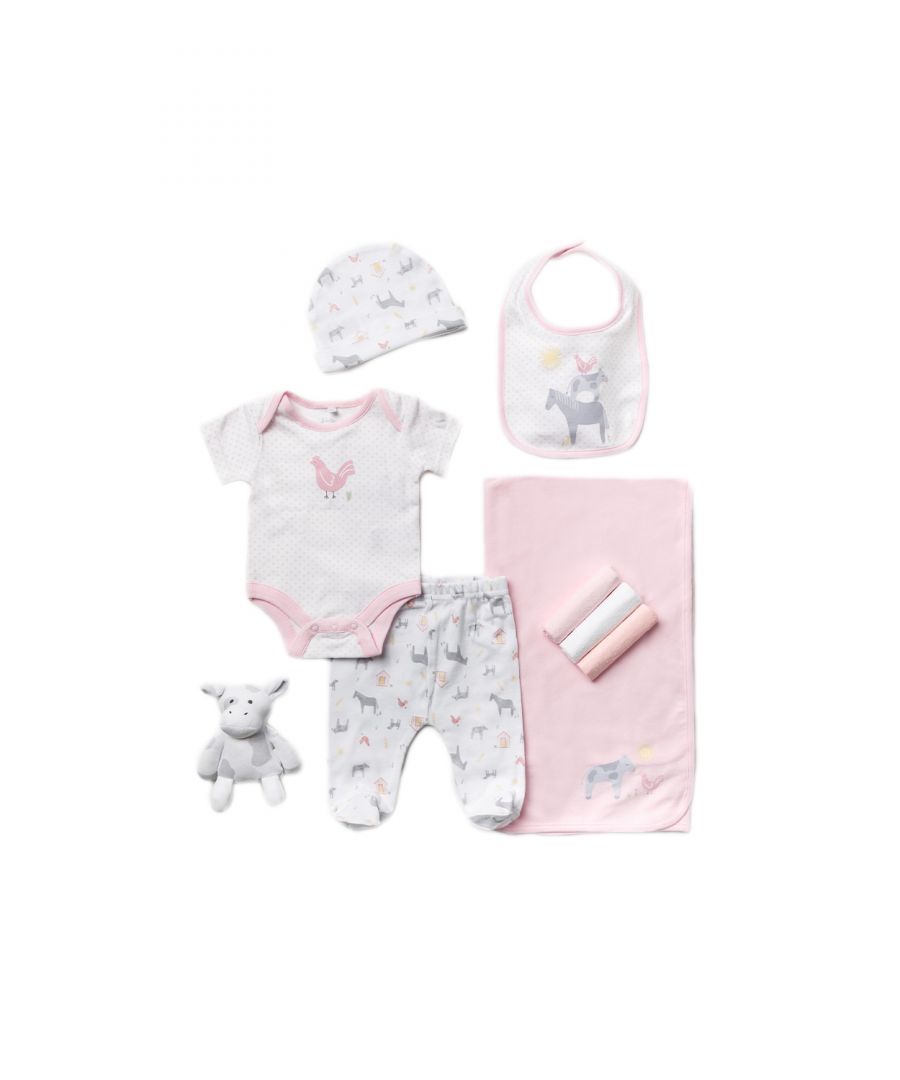 This Rock a Bye Baby Boutique ten-piece set features an adorable farm themed print on each item. The set includes spotted bodysuit with a farm animal motif, footed joggers and hat, a hooded blanket, a matching bib, and a cuddly cow toy, and three washcloths. The set also comes with a matching gift tag, to add a personal touch. Each item in the set is cotton with popper fastenings, keeping your little one comfortable. This set is the perfect gift set for the little one in your life.
