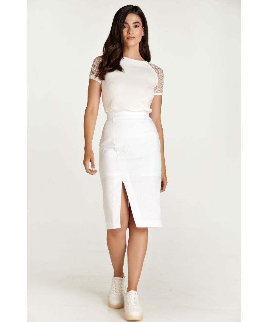 This pencil skirt is crafted in white stretch denim style fabric in earthy shades. It has a 4cm wide waistband in the same fabric with darts below in the back. There is an off-centre slit in the front. It fastens in the back with a concealed zip. This pencil skirt is knee length and has a white lining. Heels and an off-shoulder top will take this skirt and you for a night on the town! This skirt is eco-friendly.