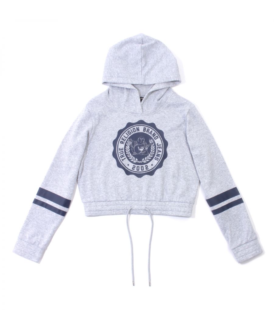 Keep it cute in the Collegiate Crest Logo Crop Hooded Sweatshirt. Crafted from a cozy cotton blend, this women's sweatshirt features a hooded pullover design. Detailed with a collegiate inspired logo crest across the front and striping at the sleeves. Finished with an elasticated drawstring, cropped hem. Cropped Fit Soft Cotton Blend Pullover Hooded Design Elasticated Drawstring Hem True Religion Branding Style & Fit: Regular Fit Fits True to Size Composition & Care: 80% Cotton 20% Cotton Machine Wash.