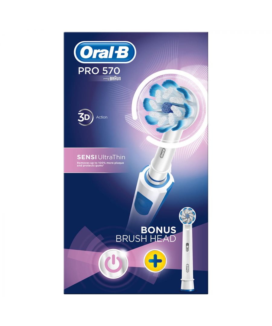 Oral B Pro 570 Sensi Ultra Thin Electric Toothbrush with Refill Head\n\nExperience the Oral-B Sensi UltraThin toothbrush head designed by the #1 dentist recommended brand worldwide – Oral-B. The round petal shape is designed with dentists. It has soft, ultrathin bristles that are gentle on gums, combined with regular bristles that are tough on plaque. Sensi Ultrathin removes up to 100 percent more plaque and reduces gum inflammation by 100 percent compared to a manual toothbrush. The distinct combination of end rounded and ultrathin bristles make Sensi Ultrathin ideal for everyone with a sensitive mouth and everyone who is looking for just a great gentle clean.\n\n    Removes up to 100 percent more: Plaque for healthier gums vs; a regular manual toothbrush.\n    Reduces gum inflammation: By 100 percent vs a regular manual toothbrush.\n    Oral-B the #1 brand: Used by Dentists & approved by the Oral Health Foundation\n\nExperience the Oral-B Sensi Ultra-Thin\n\nThe gentlest tooth and gum care\nInspired by professional dental tools, the Sensi UltraThin toothbrush head is designed in a round petal shape with soft UltraThin bristles to give you the gentlest Oral-B brushing experience while reducing inflammation, reversing gingivitis, and improving gum health.\n\t\nRound head cleans better\nOral-B’s round head contours to surround each tooth for cleaner teeth and healthier gums*.\n\nDesigned with dentists\nRound head with a combination of ultrathin and regular bristles that are gentle on gums, but tough on plaque.\n\nNew brush head after three months\nDentists recommend replacing your toothbrush every three months, or sooner if bristles are faded and worn. Oral-B replacement toothbrush heads feature indicator bristles that fade halfway to help remind you when to replace your toothbrush head to maintain a superior clean.\n\nBrush heads designed with dentists\nOral-B brush refills are designed to perfectly fit your toothbrush and come with specialised features for great results. These features include end rounding to be gentle on gums, angled bristles to clean in-between teeth, and UltraThin bristles for extra gentle cleaning.\n\t\nNumber one dentist recommended\nOral-B is not only designed with dentists; it’s also the number one toothbrush brand recommended by dentists worldwide. Discover for yourself the next level of oral care by Oral-B.\n\n\nDirection : Dentists recommend replacing your toothbrush head about every 3-4 months, or when bristles are faded and worn. Oral-B offers a variety of toothbrush heads to fit your personal oral health needs.