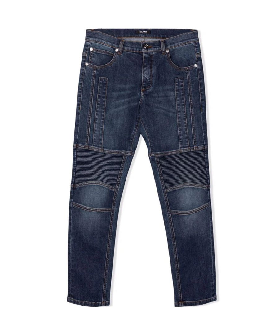These Balmain Girls Jeans in Navy are crafted from stretch cotton and feature a contrast stitching, mid-rise, a slim cut, front button and zip fastening and the classic five pockets.\n\ndark blue \nstretch-cotton \ndark wash\ncontrast stitching\nmid-rise\nslim cut\nfront button and zip fastening\nclassic five pockets