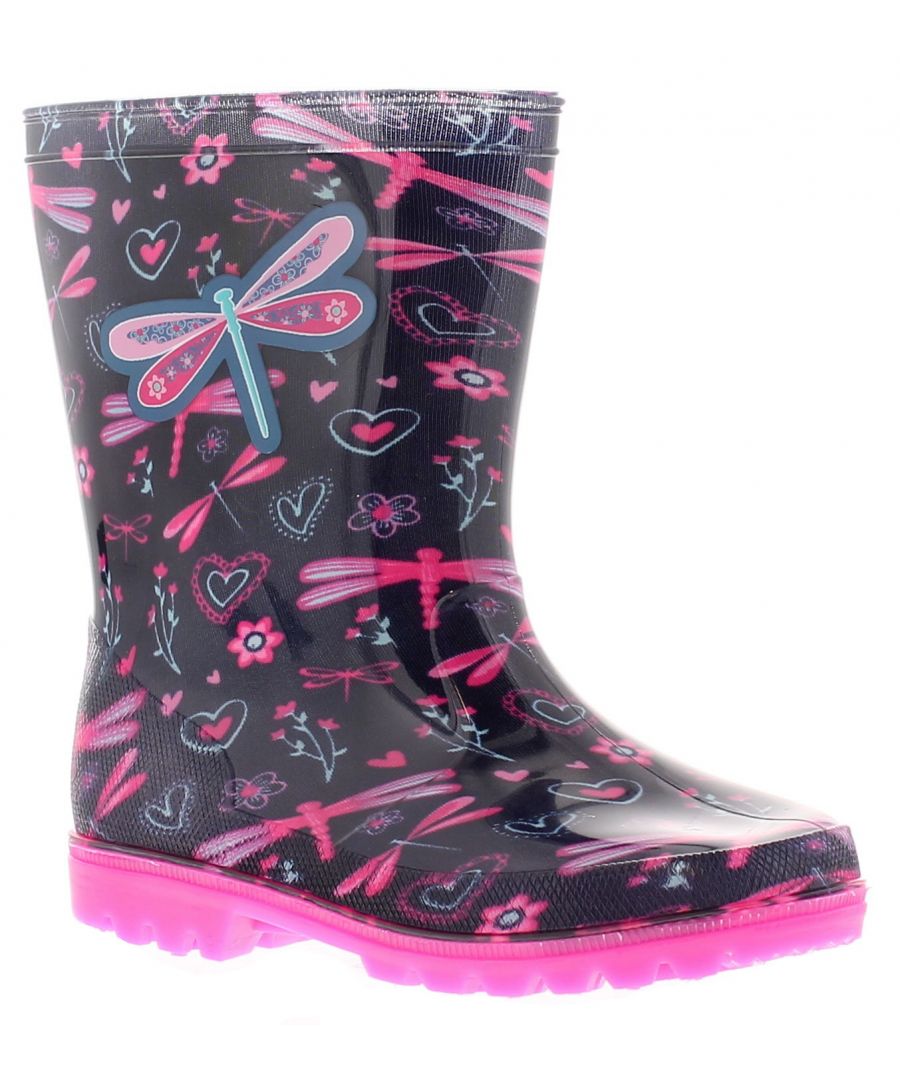 Chatterbox Dragon Infant Girls Wellies Navy 6 - 12. Manmade Upper. Fabric Lining. Synthetic Sole. Childrens Waterproof Wellington Dragonfly Print Padded Sock For Comfort.