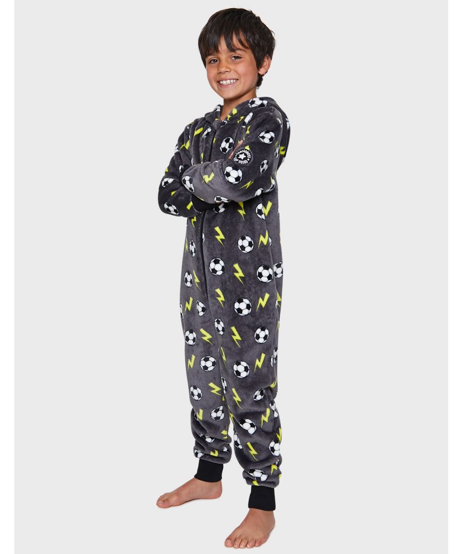 This hooded onesie from Threadboys features a zip fastening and all over print. Made from a soft touch fabric to ensure a comfortable feel, perfect for keeping cosy. Similar girls’ style available.