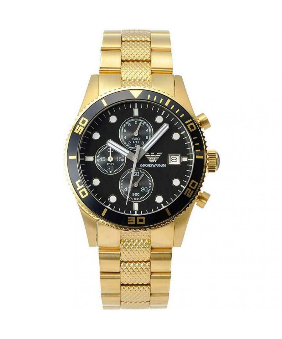 Emporio Armani AR5857 EAN 723763146258 - Mens Gold Chronograph Watch. Battery powered Quartz movement with three sub-dials with a Chronograph display. This desirable Armani Watch is available for Free Standard Standard Shipping at D2Time.