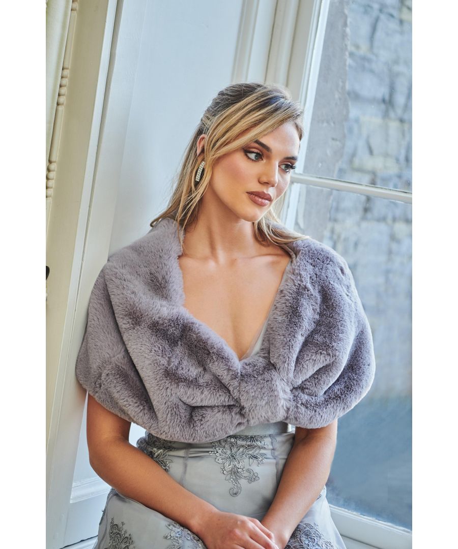 - Wrap  - Bow front  - Faux fur   - Hook and eye fastening