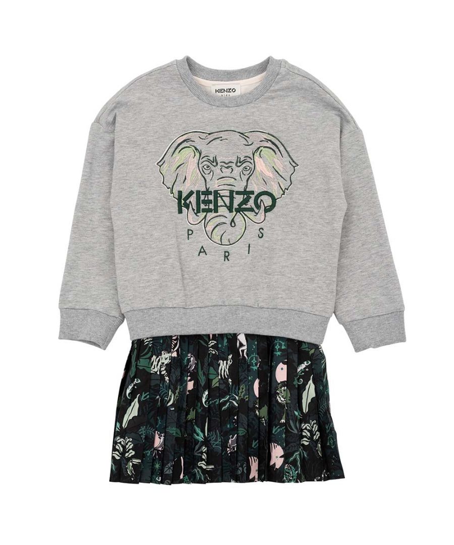 This ﻿﻿Kenzo Girls Elephant Print Sweater And Dress in Grey is crafted from cotton and features a fleece sweatshirt and a short sleeved jersey dress. It features a Kenzo logo, pleated skirts and jungle motif.\n \n\ncotton\ngrey\nshort sleeved jersey dress\nfleece sweatshirt\njungle motif