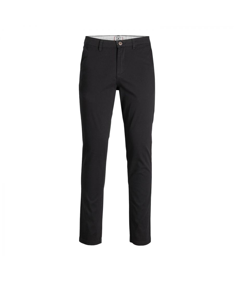 Classic trousers from Jack & Jones that can be combined with your entire wardrobe. It is made from strong cotton but is offset with a little elastane for better freedom of movement and greater comfort.\n\nFeatures:\nMen’s chinos\nPapel pockets\nLow rise, slim thigh, and tight leg opening\nStretch ensures great comfort\n\nWashing Instruction:\nMachine wash at 30°C fine wash\nDo not bleach\nTumble dry on low heat settings\nHang dry\n\nIron Temp: Iron at moderate temperature\n\nNote: Do not bleach, Do not dry clean\n\nPackage Includes: Jack & Jones Slim Fit Chinos Trouser, Select Your Size