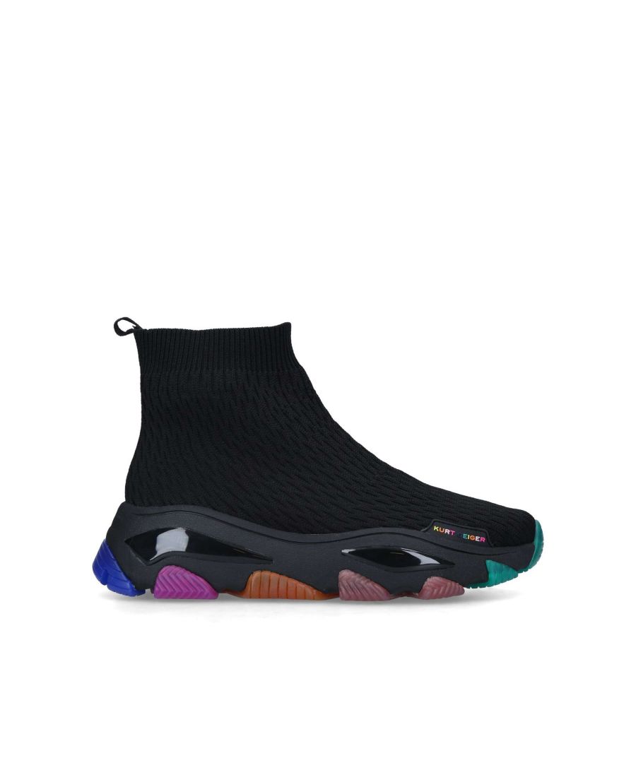 The Lettie Knit Sock sneaker features a black fabric upper in a sock style. The front of the toe features a rainbow branded patch. The rubber sole features rainbow tread for grip and stability. Sole height: 4cm.